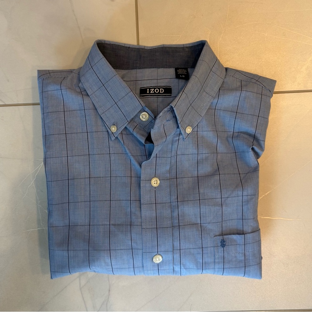 Izod Blue Graph Plaid Casual Button Down Shirt Large - Excellent Condition